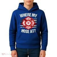 Where My Hose At Firefighter Thin Red Line Flag Fire Gift Kids Hoodie thumb 4