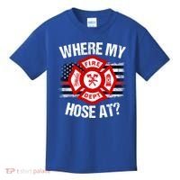 Where My Hose At Firefighter Thin Red Line Flag Fire Gift Kids T-Shirt thumb 0