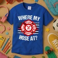 Where My Hose At Firefighter Thin Red Line Flag Fire Gift Kids T-Shirt thumb 3