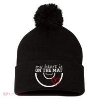 Wrestling My Heart Is On Mat Mom Wrestle Cricut Pom Pom 12in Knit Beanie thumb 0