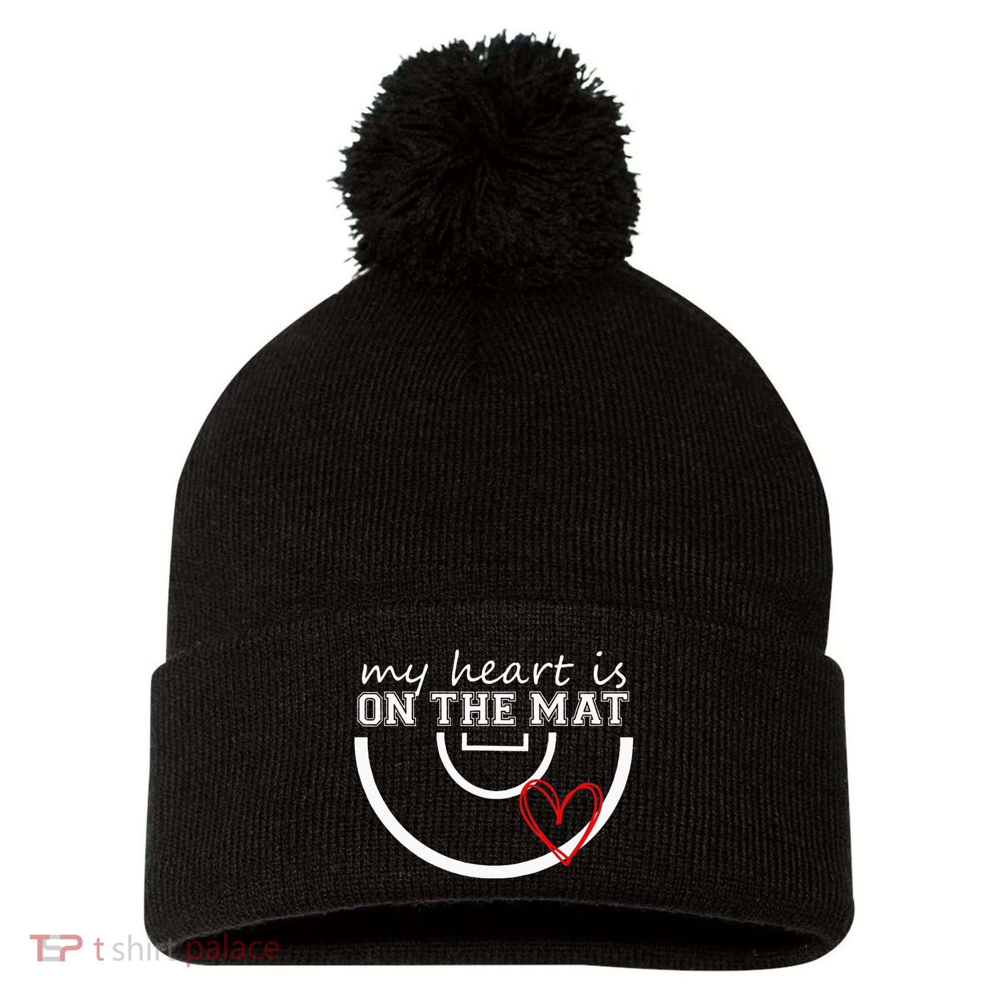 Wrestling My Heart Is On Mat Mom Wrestle Cricut Pom Pom 12in Knit Beanie
