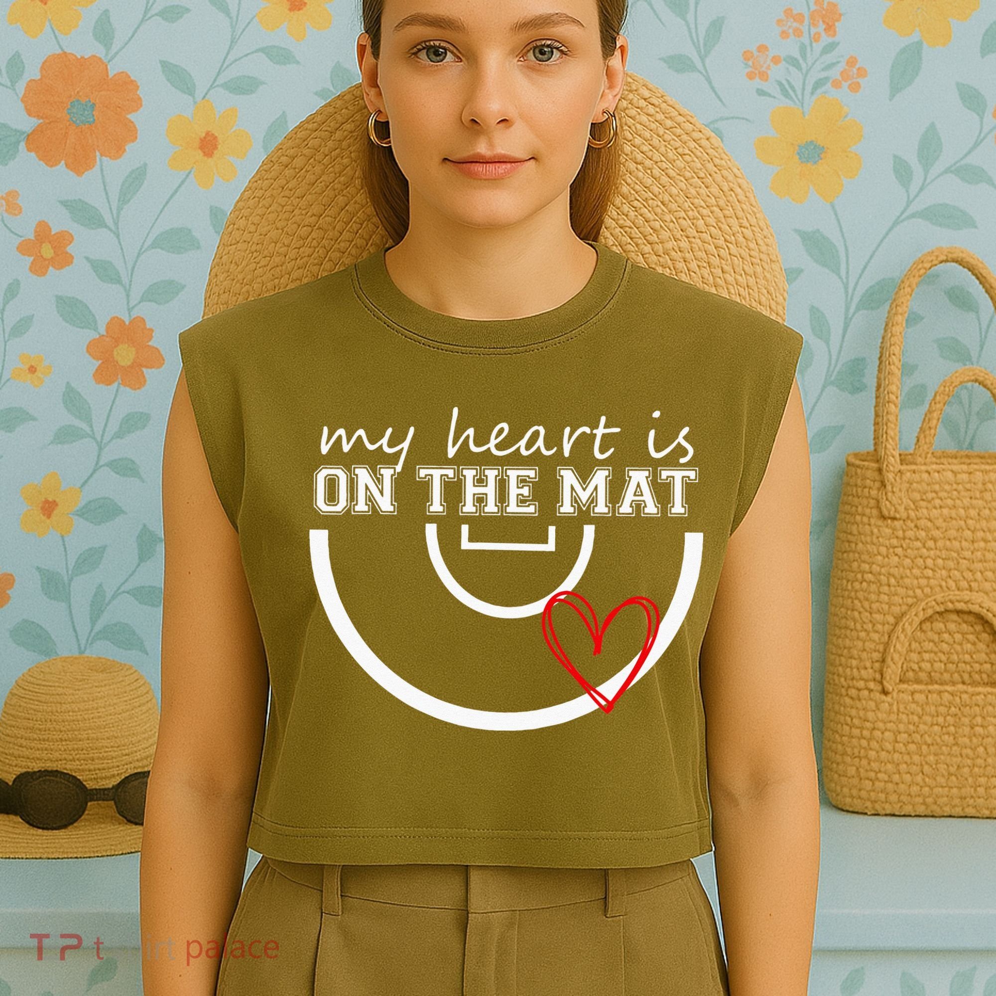 Wrestling My Heart Is On Mat Mom Wrestle Cricut Garment-Dyed Women's Muscle Tee