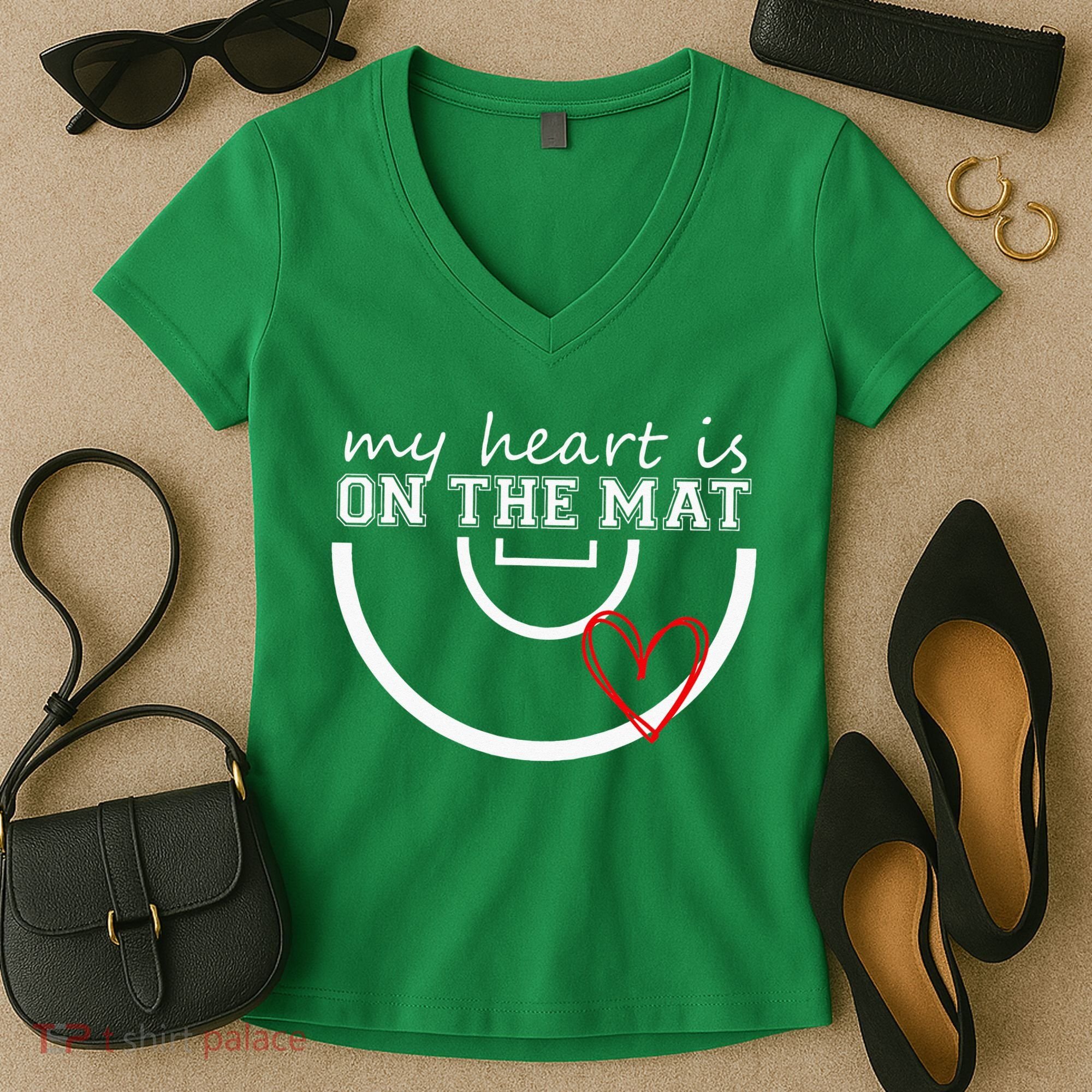 Wrestling My Heart Is On Mat Mom Wrestle Cricut Women's V-Neck T-Shirt