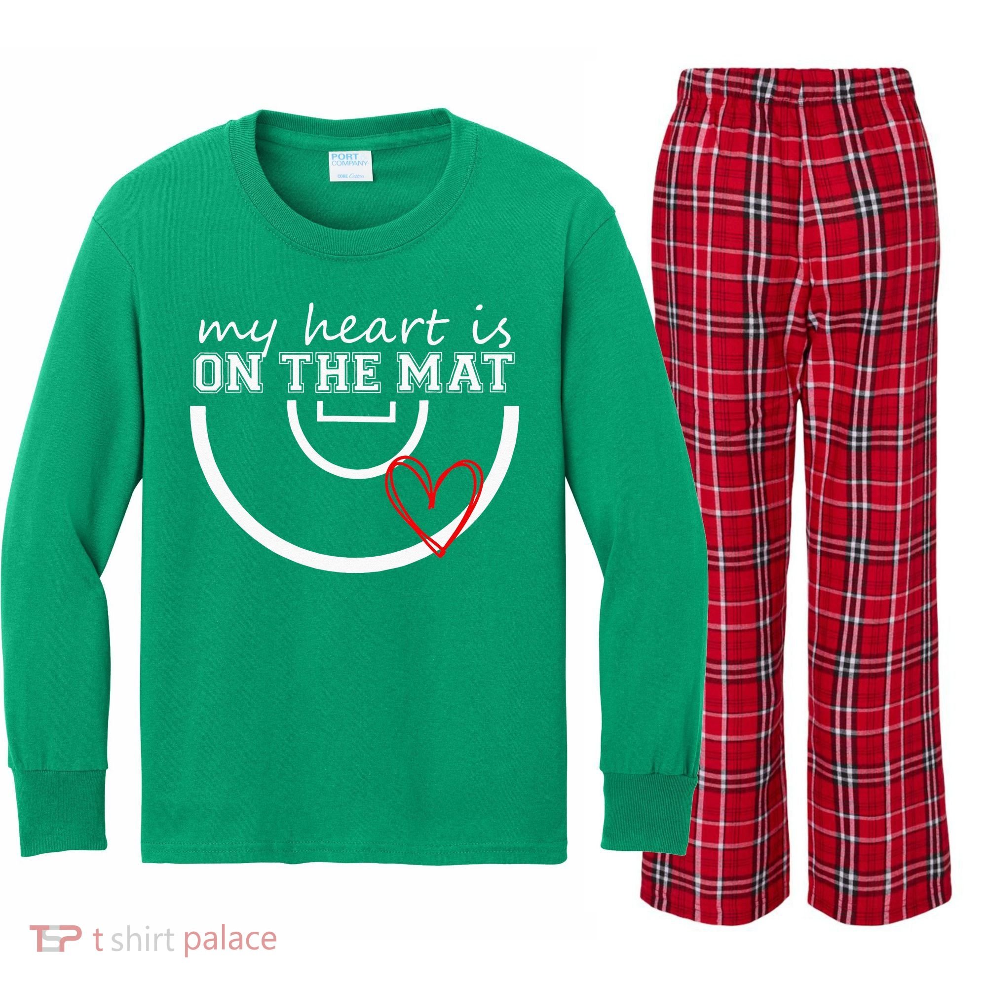 Wrestling My Heart Is On Mat Mom Wrestle Cricut Kids Long Sleeve Plaid Pajama Set