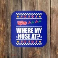 Where My Hose At? Firefighter Ugly Christmas Sweater Meme Cool Gift Coaster thumb 0