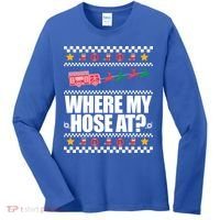 Where My Hose At? Firefighter Ugly Christmas Sweater Meme Cool Gift Women's Long Sleeve Shirt thumb 0