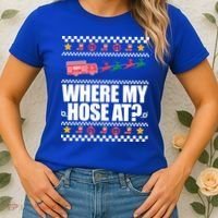 Where My Hose At? Firefighter Ugly Christmas Sweater Meme Cool Gift Women's T-Shirt thumb 2