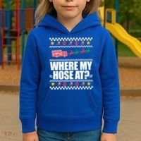 Where My Hose At? Firefighter Ugly Christmas Sweater Meme Cool Gift Kids Hoodie thumb 3