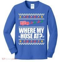 Where My Hose At? Firefighter Ugly Christmas Sweater Meme Cool Gift Kids Long Sleeve Shirt thumb 0