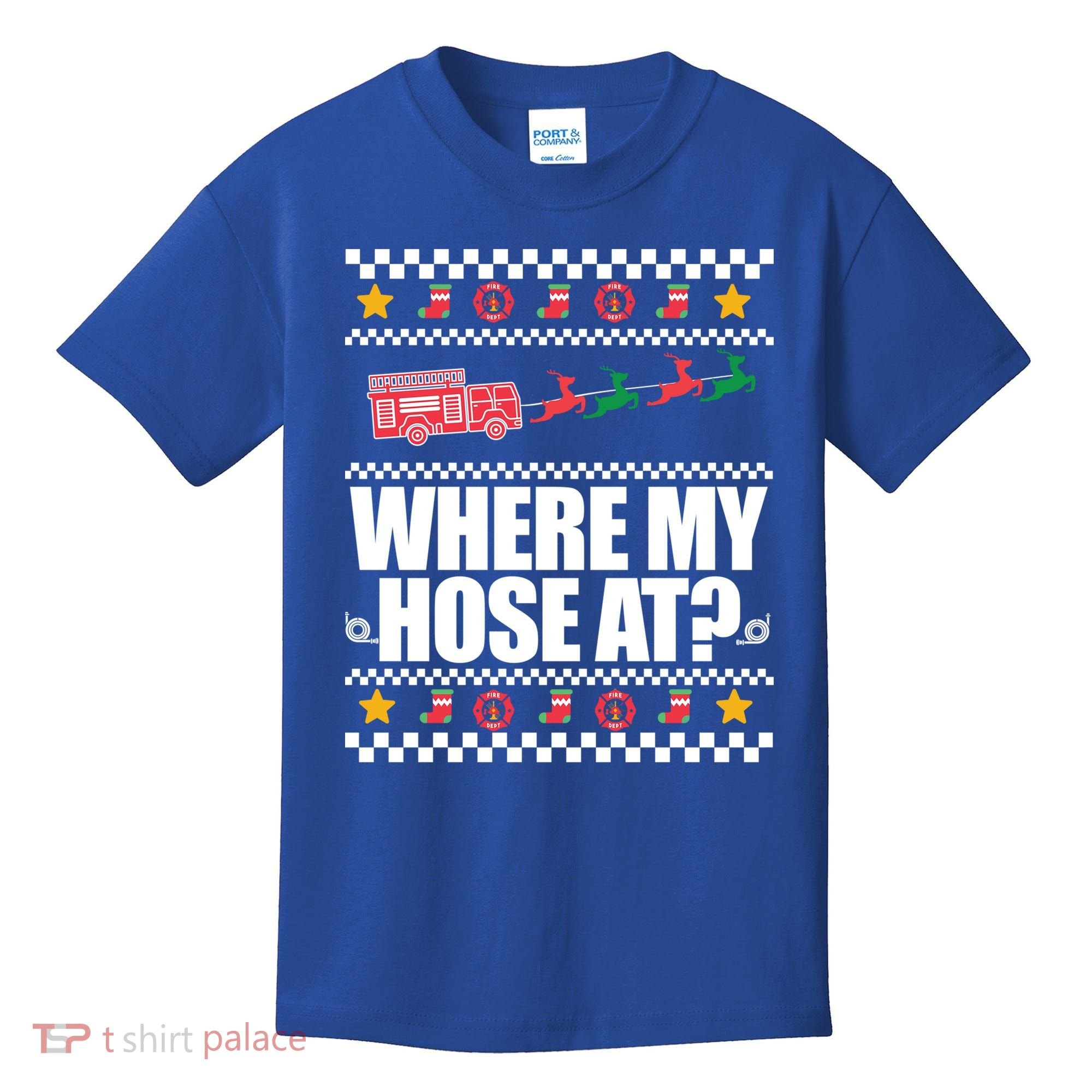 Where My Hose At? Firefighter Ugly Christmas Sweater Meme Cool Gift Kids T-Shirt