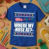 Where My Hose At? Firefighter Ugly Christmas Sweater Meme Cool Gift Kids T-Shirt thumb 3
