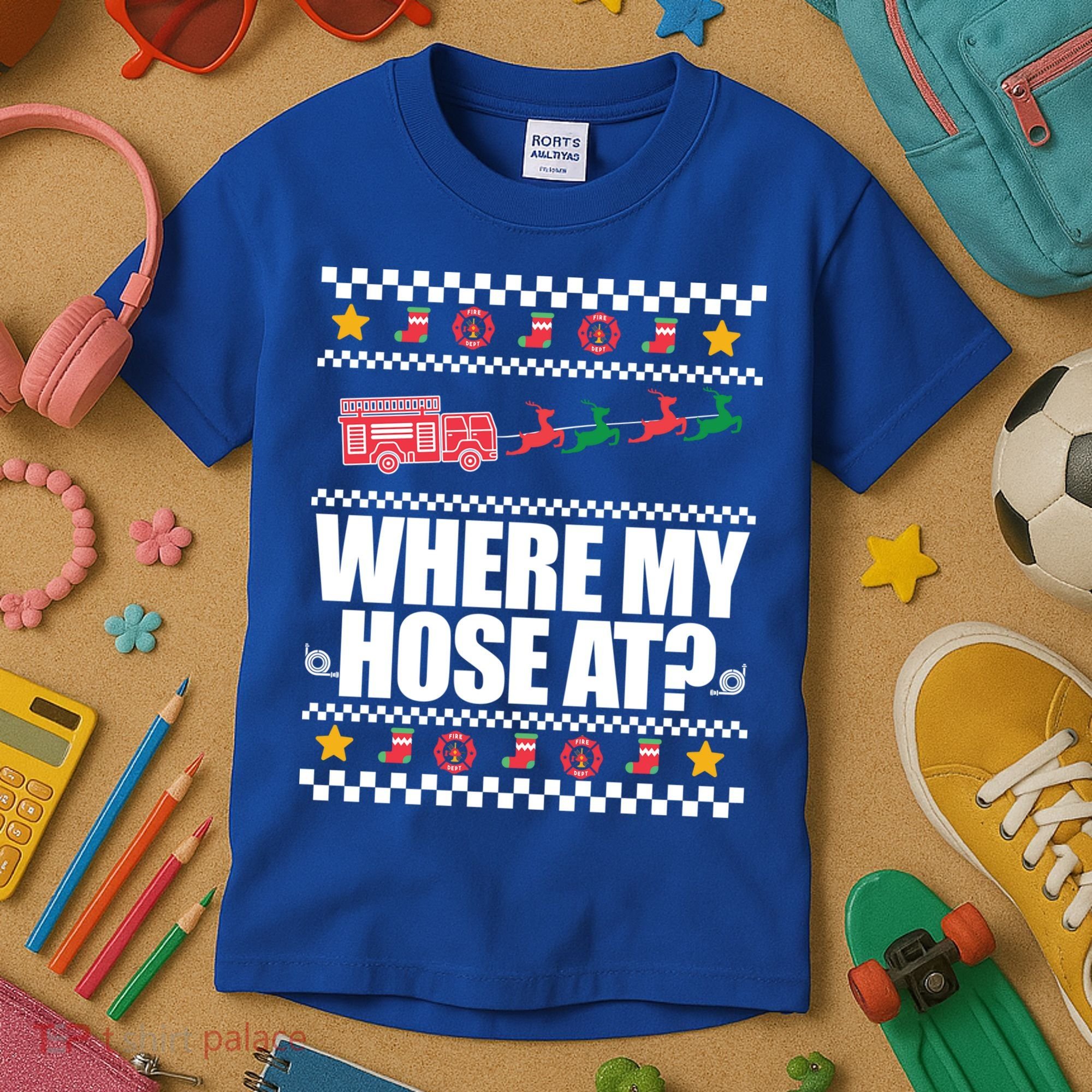 Where My Hose At? Firefighter Ugly Christmas Sweater Meme Cool Gift Kids T-Shirt