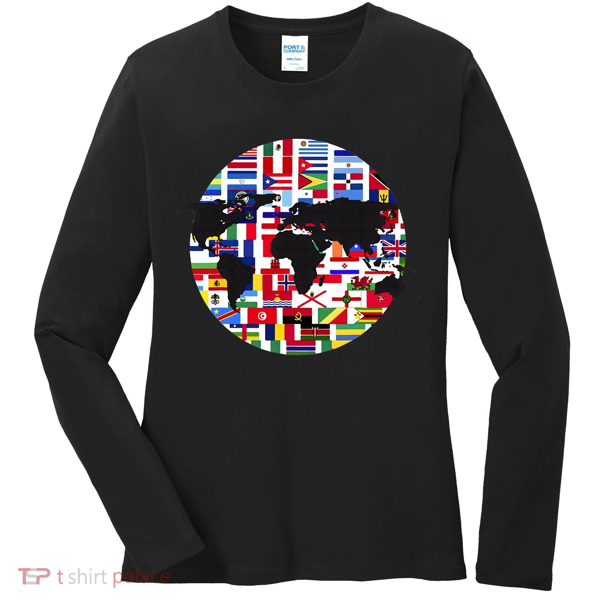 World Map International Country Flags Traveling World Flags Women's Long Sleeve Shirt