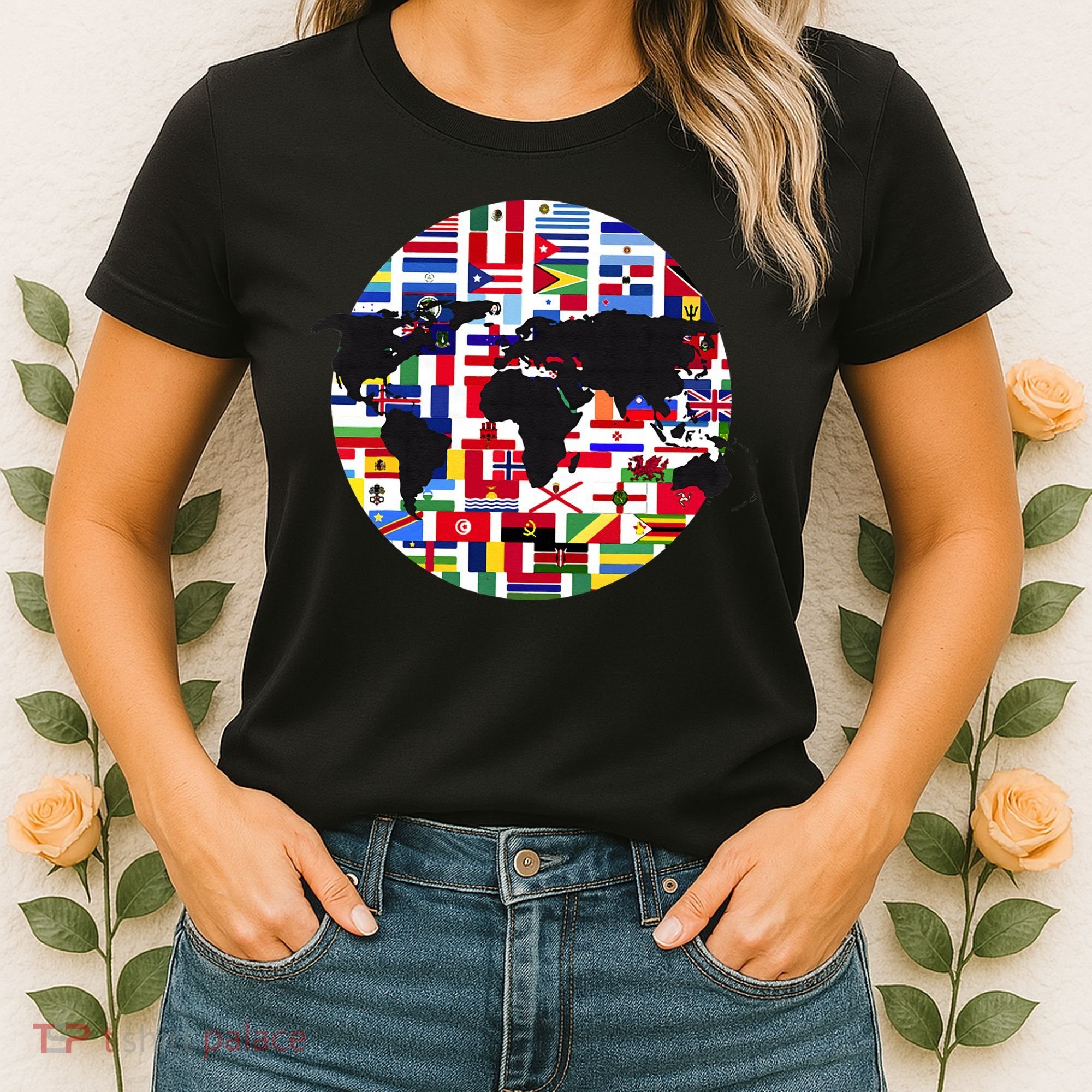World Map International Country Flags Traveling World Flags Women's T-Shirt