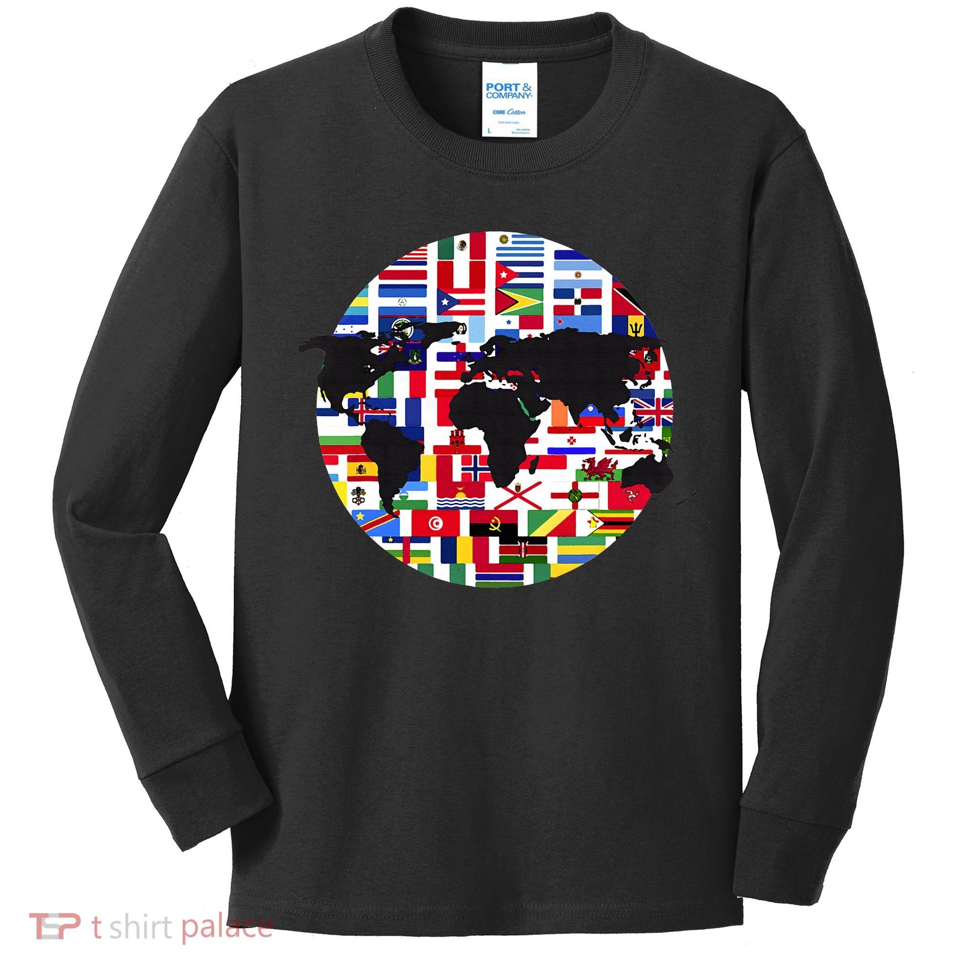 World Map International Country Flags Traveling World Flags Kids Long Sleeve Shirt