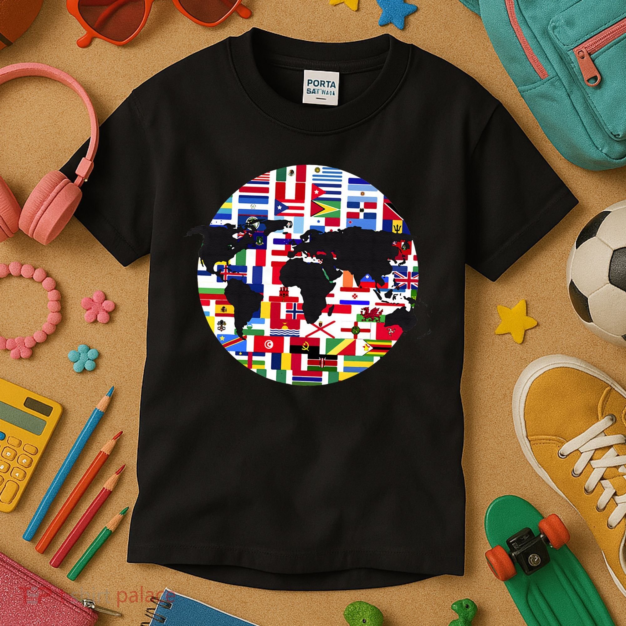 World Map International Country Flags Traveling World Flags Kids T-Shirt