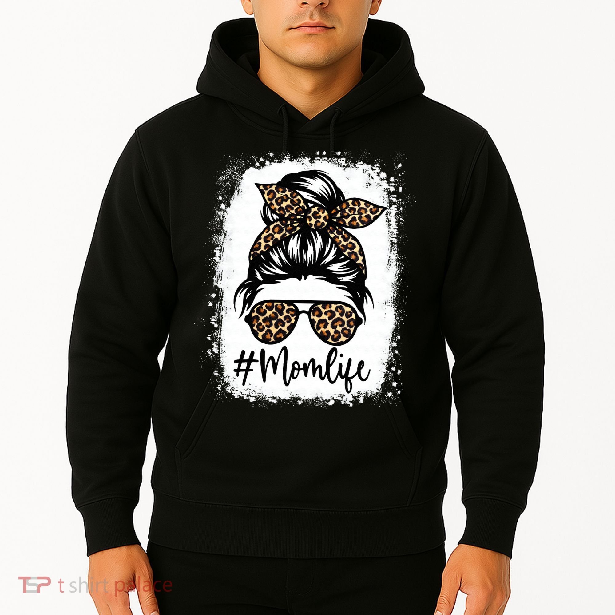 Women Mom Life Bleached Mom Life Leopard Messy Bun Hoodie