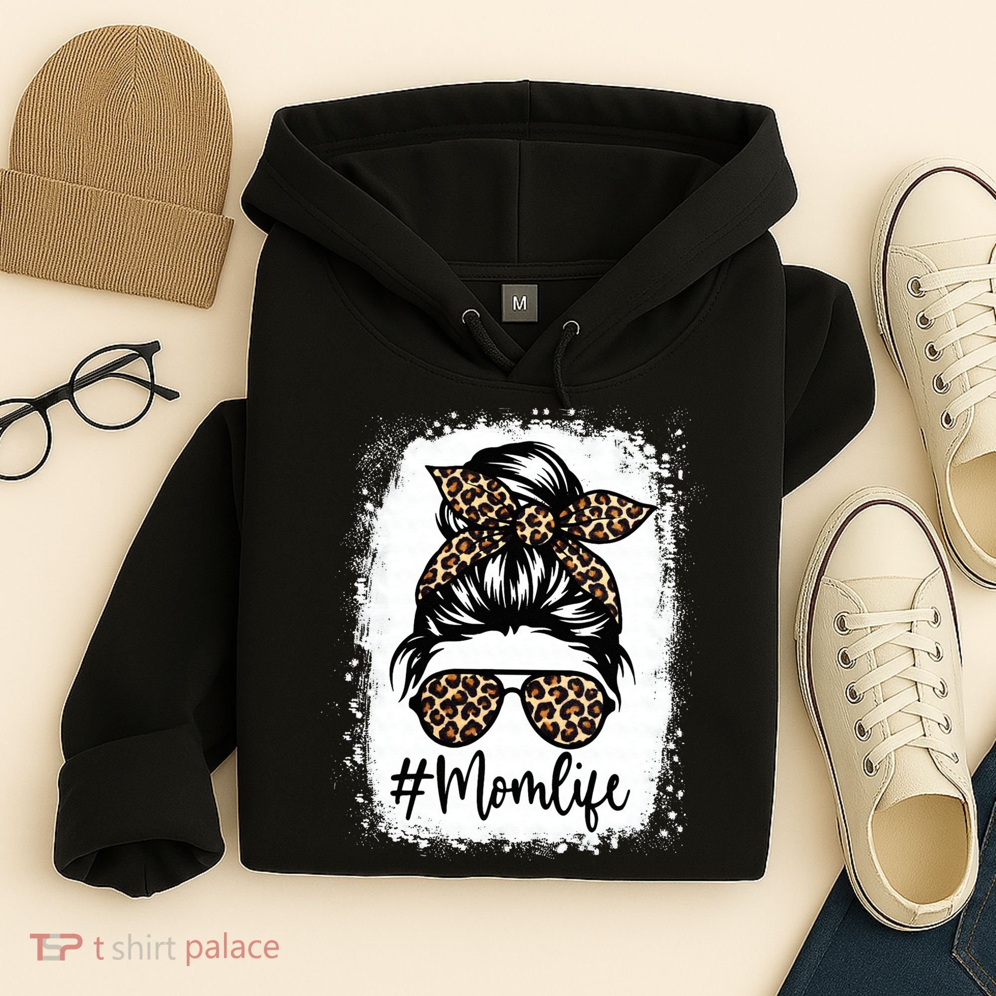 Women Mom Life Bleached Mom Life Leopard Messy Bun Hoodie