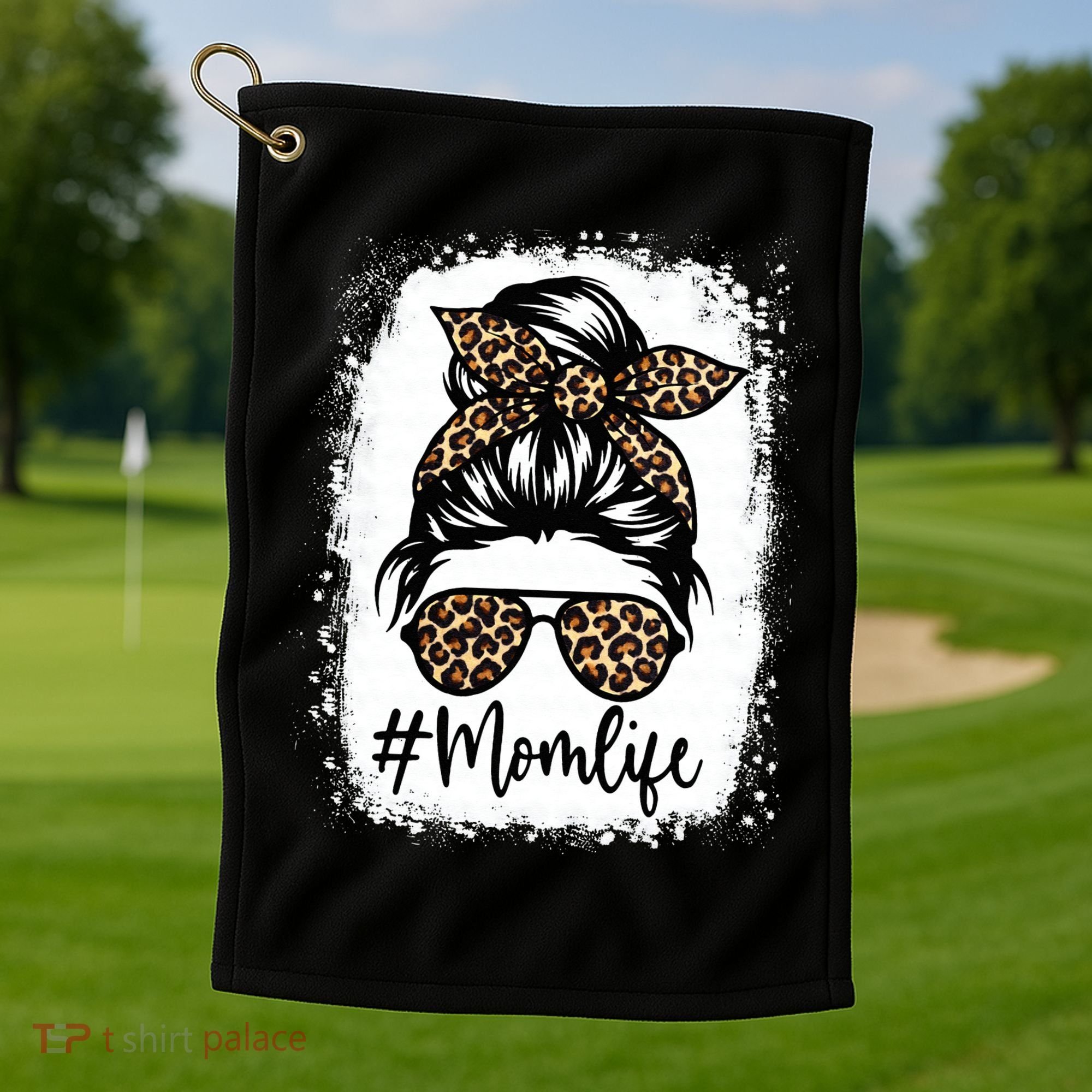 Women Mom Life Bleached Mom Life Leopard Messy Bun Golf Towel