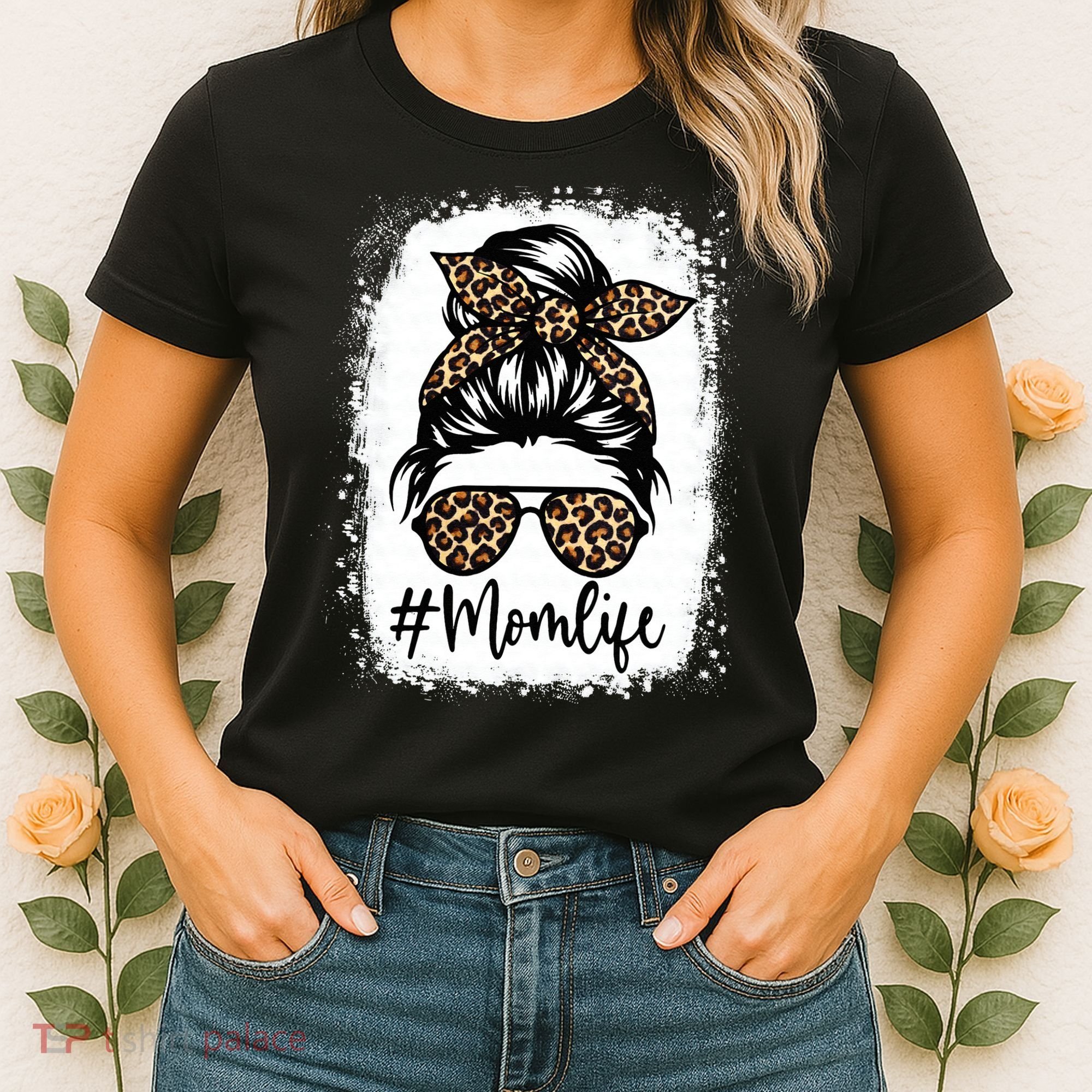 Women Mom Life Bleached Mom Life Leopard Messy Bun Women's T-Shirt