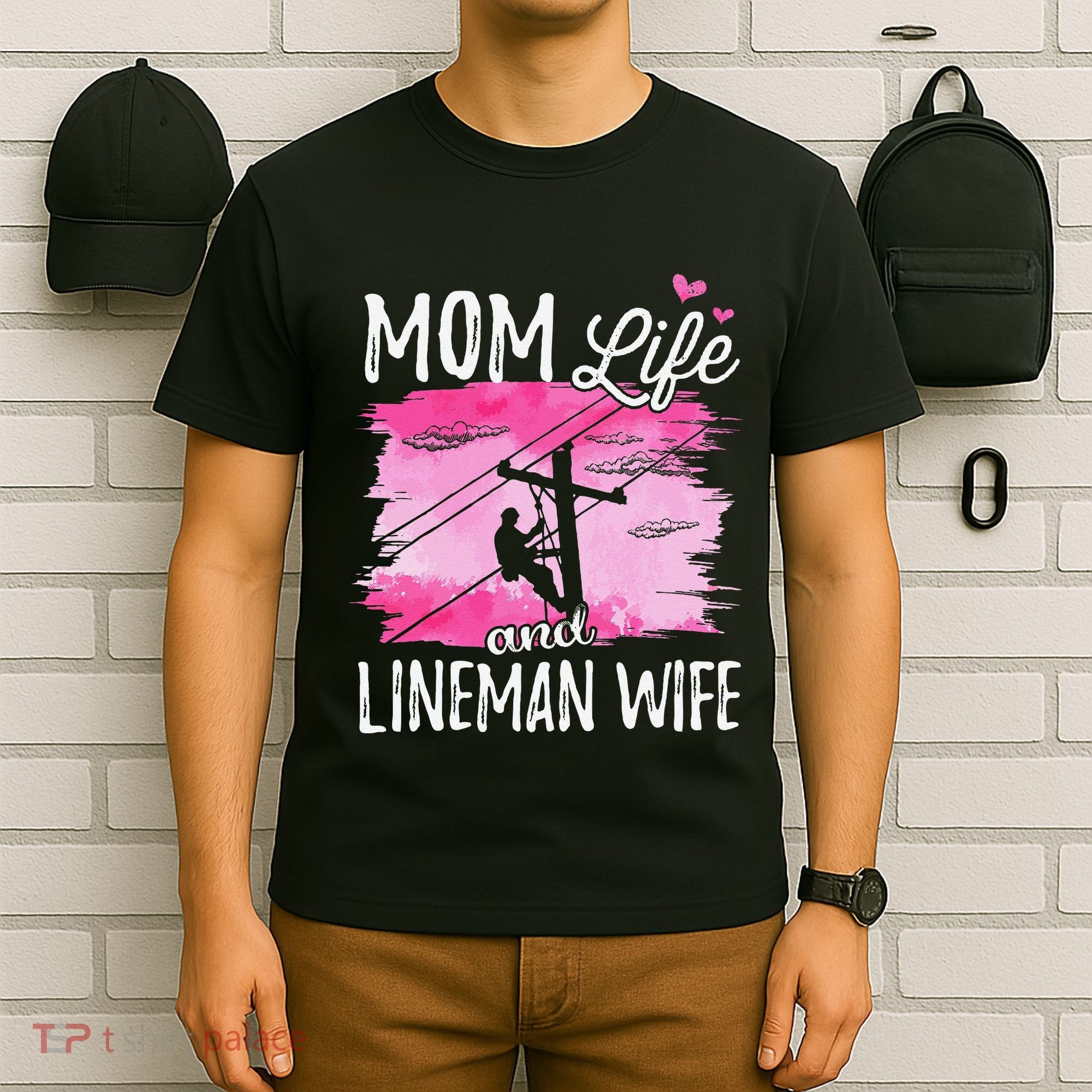 Women Mom Life And Lineman Wife Husband Electric Cable T-Shirt