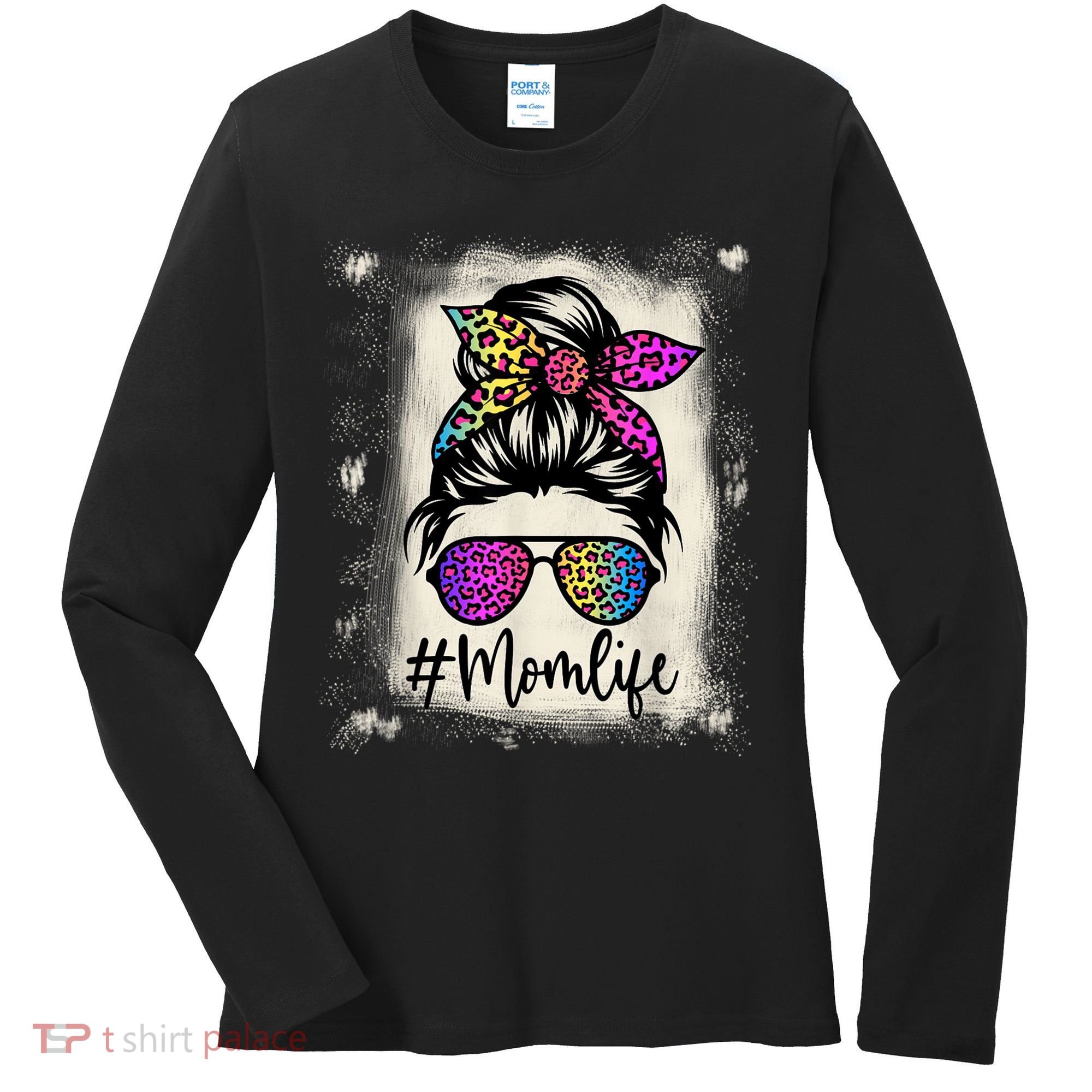 Womens Mom Life Bleached Rainbow Leopard Shirt Mama Mother Women's Long Sleeve Shirt