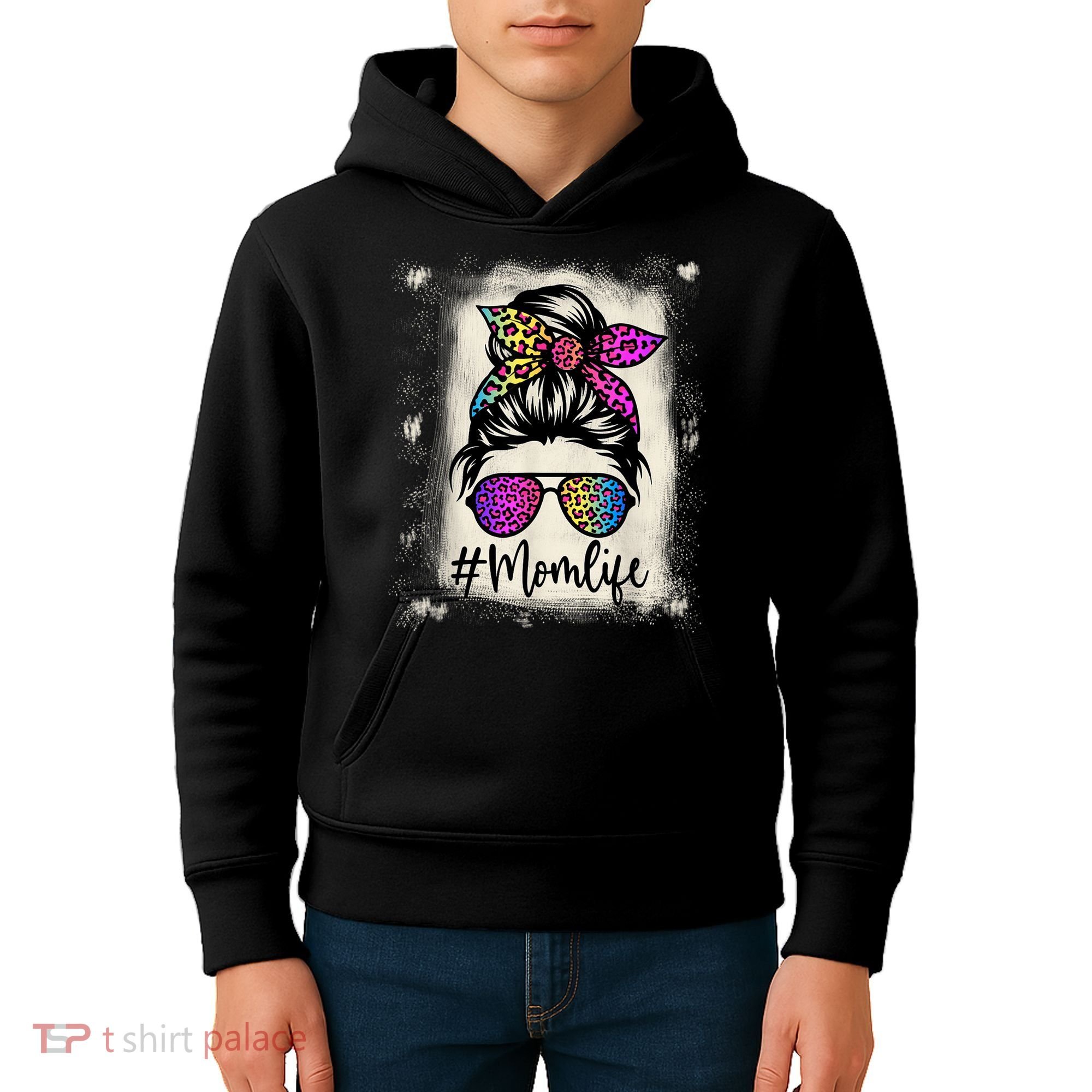Womens Mom Life Bleached Rainbow Leopard Shirt Mama Mother Kids Hoodie