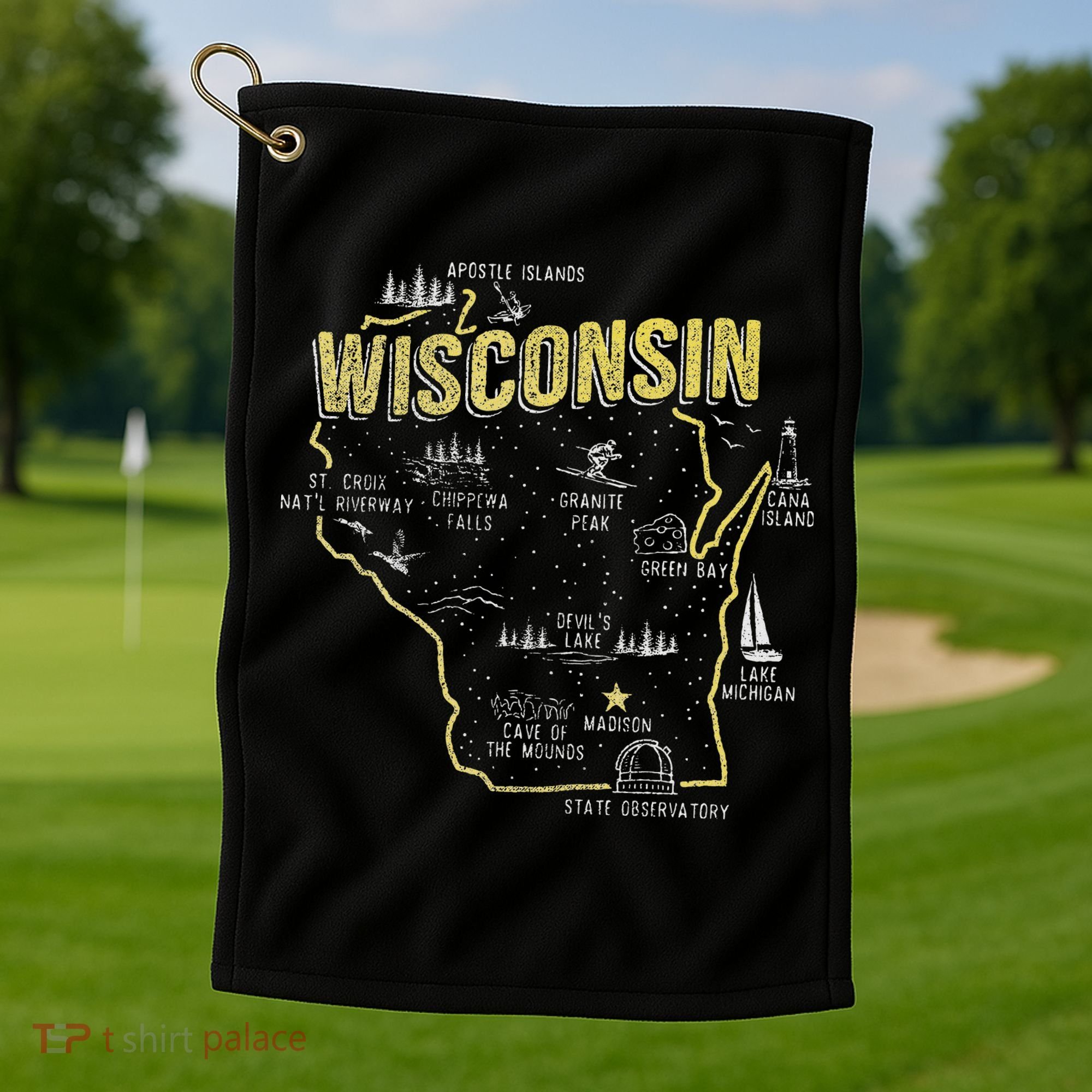 Wisconsin Map Of Memorable Spots Golf Towel