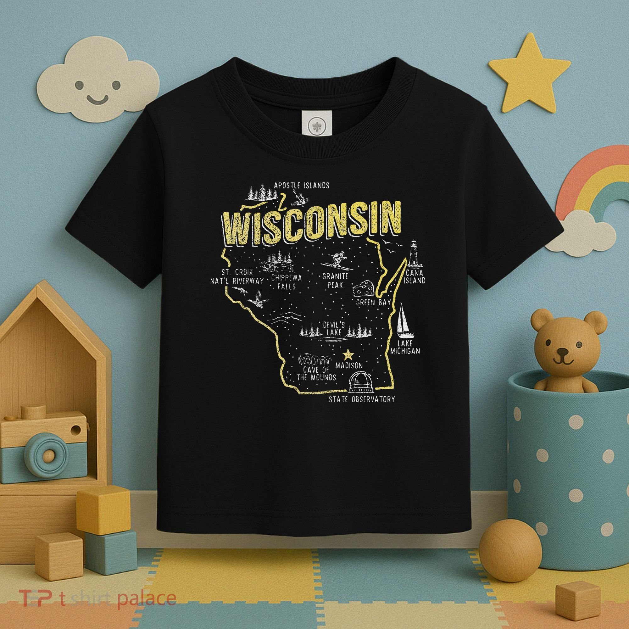 Wisconsin Map Of Memorable Spots Toddler T-Shirt