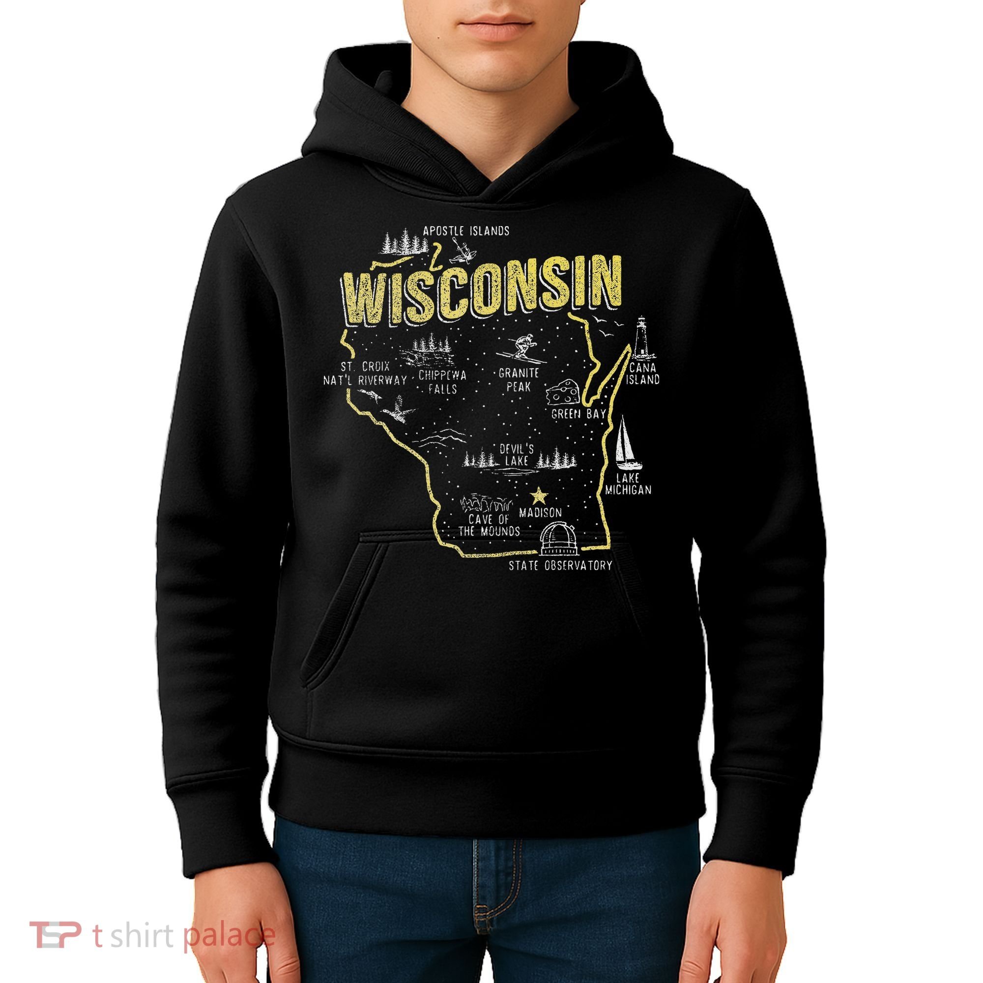 Wisconsin Map Of Memorable Spots Kids Hoodie