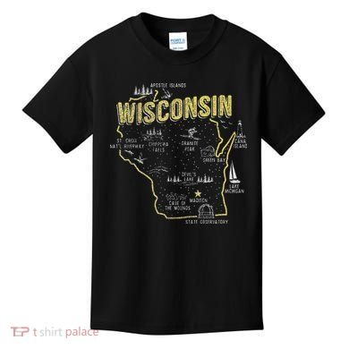 Wisconsin Map Of Memorable Spots Kids T-Shirt