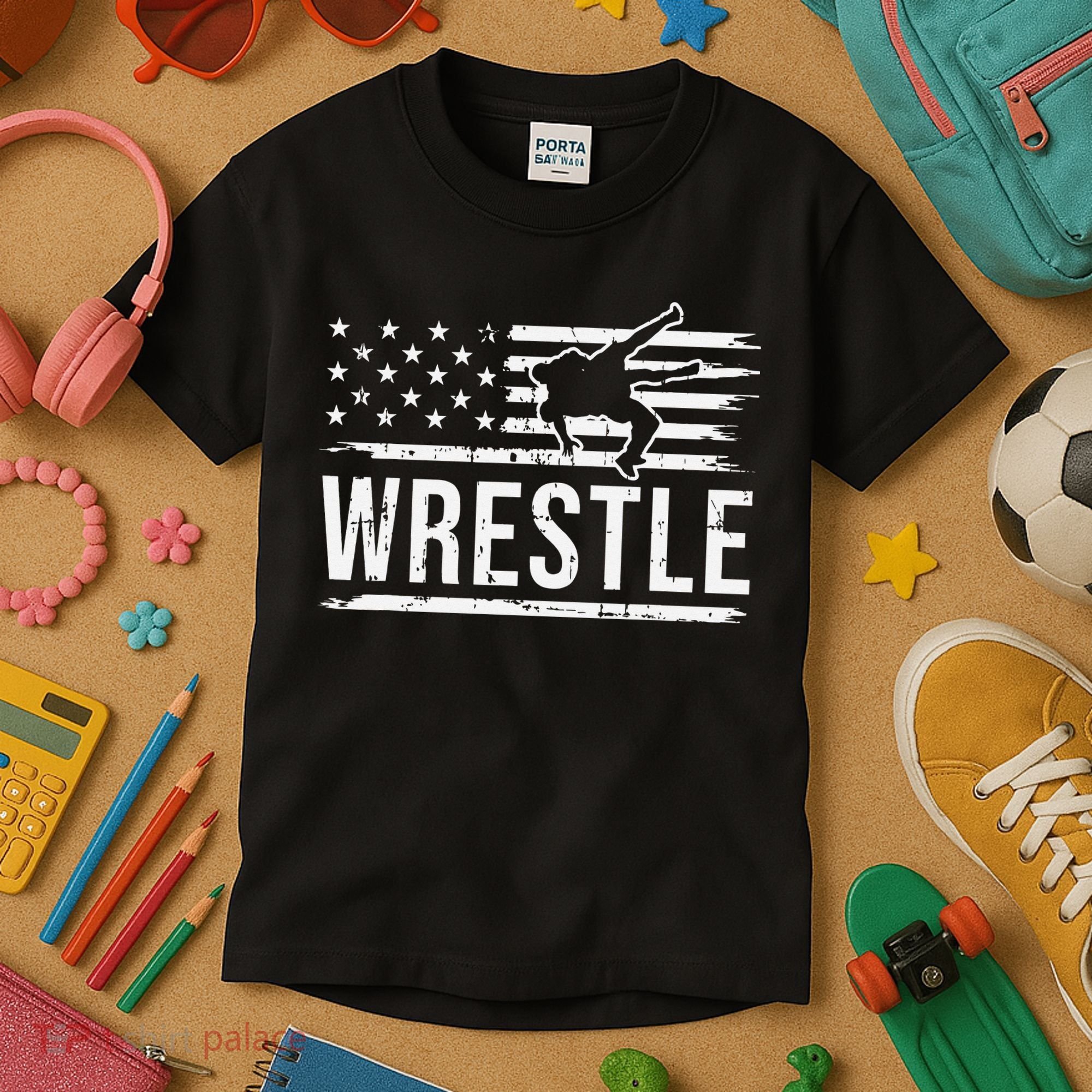 wrestling MMA patriotic flag theme for wrestler graphic  Kids T-Shirt