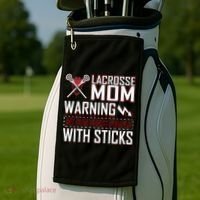 Warning My Son Beats People With Sticks Lacrosse Mom Golf Towel thumb 2