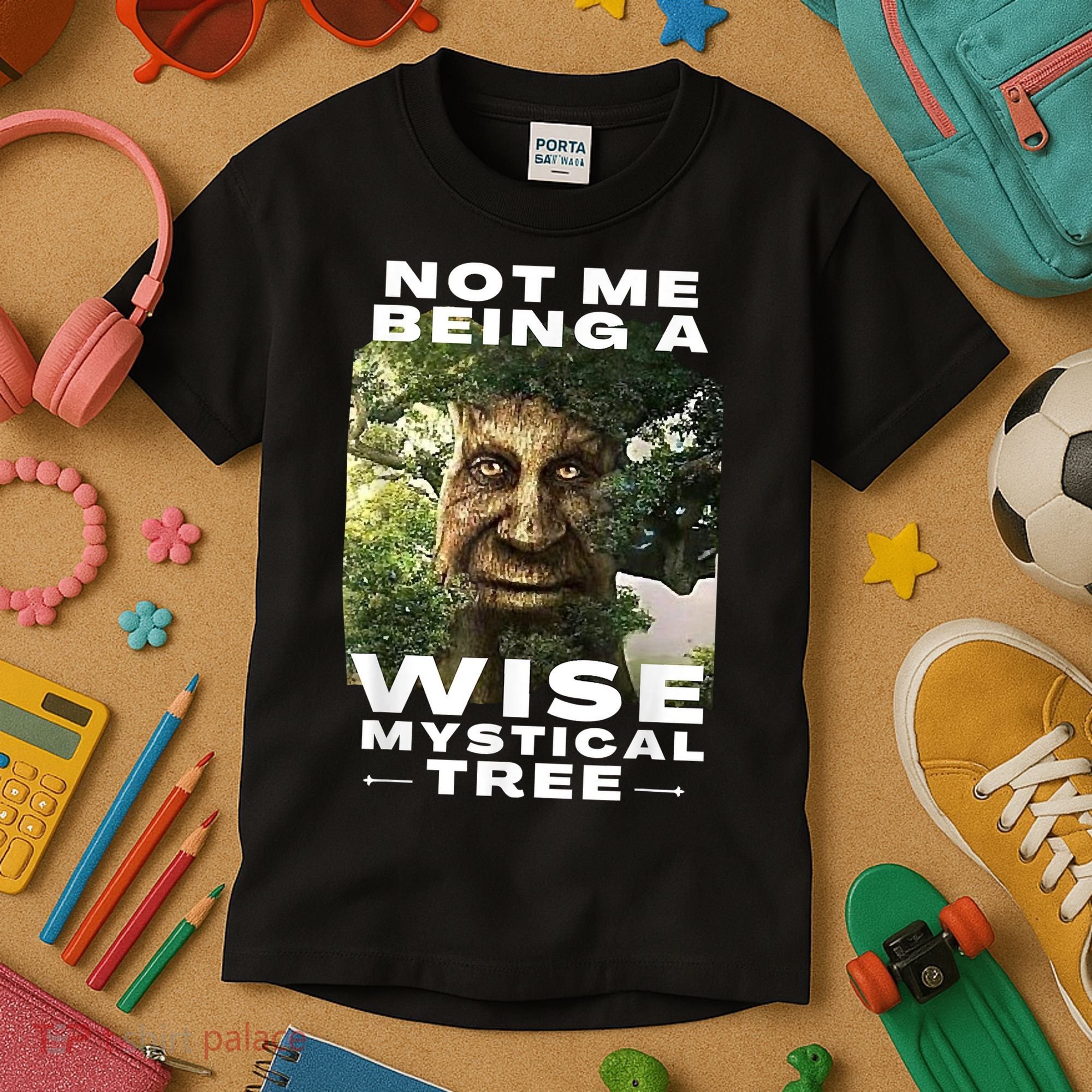 Wise Mystical Tree Face Old Mythical Oak Tree Funny Meme Kids T-Shirt