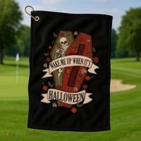 Wake Me Up When Its Halloween Funny Skeleton Coffin Golf Towel thumb 1