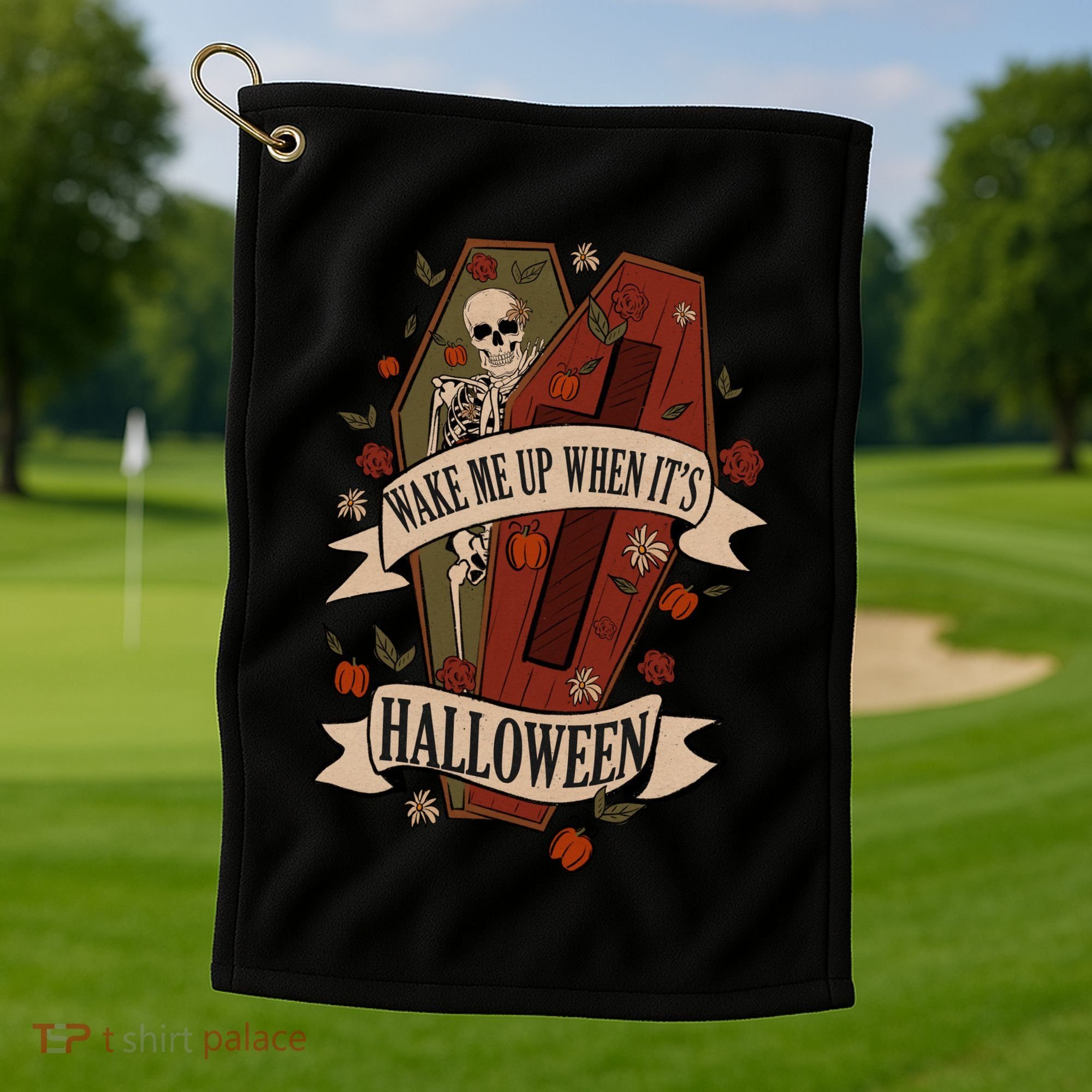 Wake Me Up When Its Halloween Funny Skeleton Coffin Golf Towel
