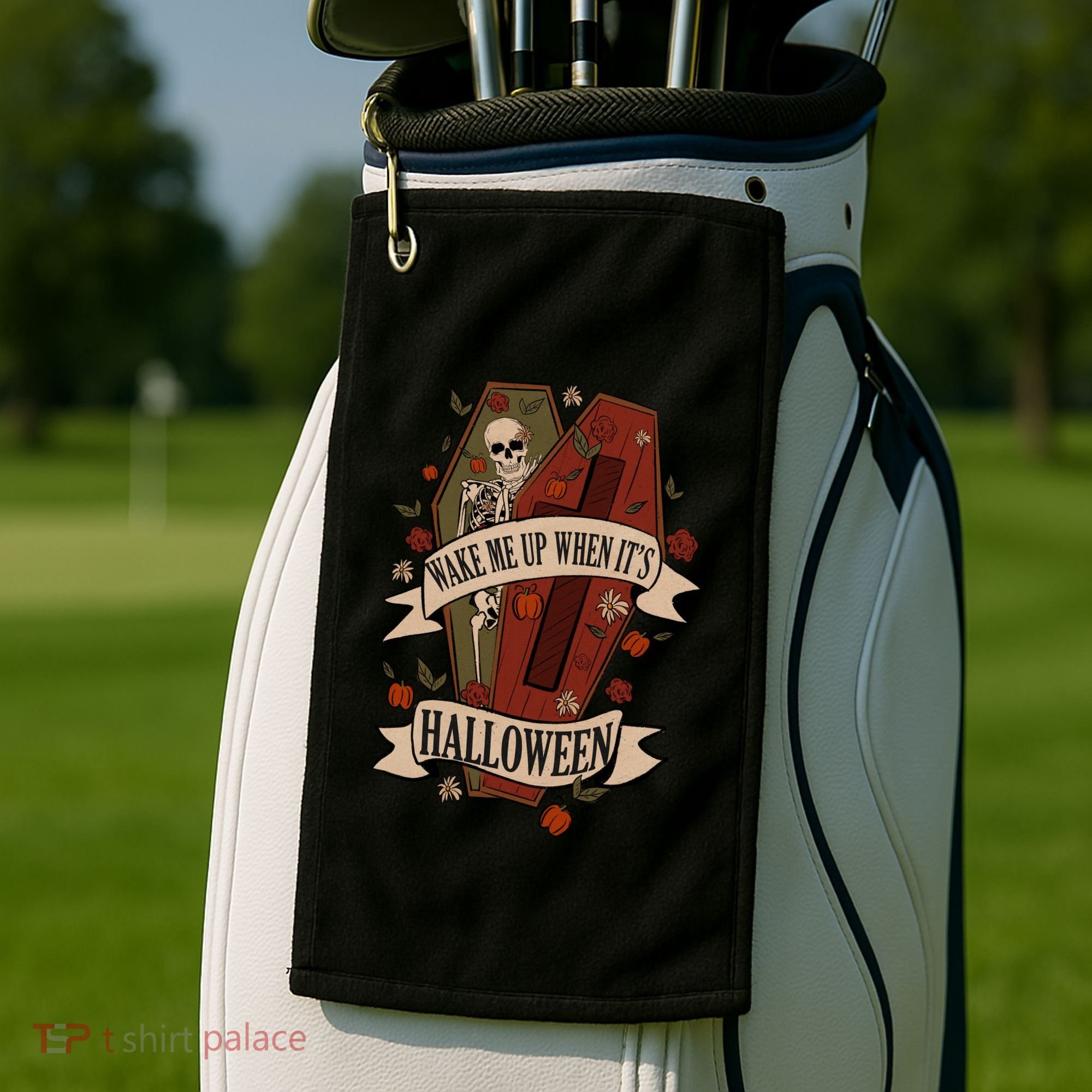 Wake Me Up When Its Halloween Funny Skeleton Coffin Golf Towel