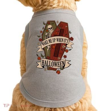 Wake Me Up When Its Halloween Funny Skeleton Coffin Doggie Tank