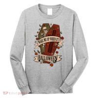 Wake Me Up When Its Halloween Funny Skeleton Coffin Long Sleeve Shirt thumb 0