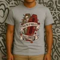 Wake Me Up When Its Halloween Funny Skeleton Coffin T-Shirt thumb 3