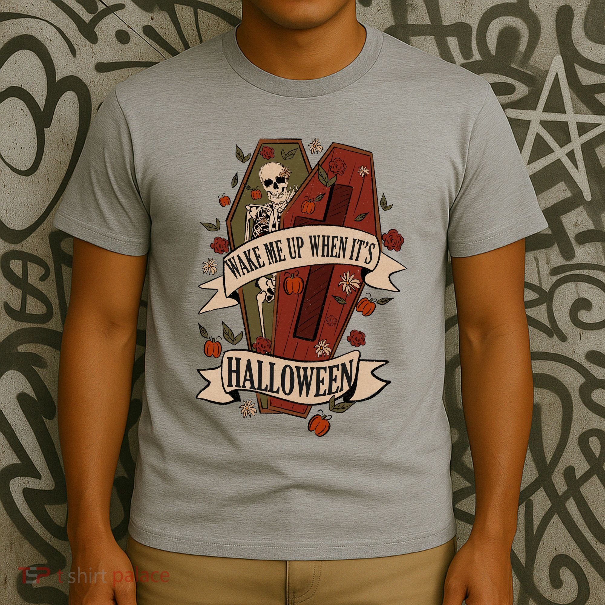 Wake Me Up When Its Halloween Funny Skeleton Coffin T-Shirt