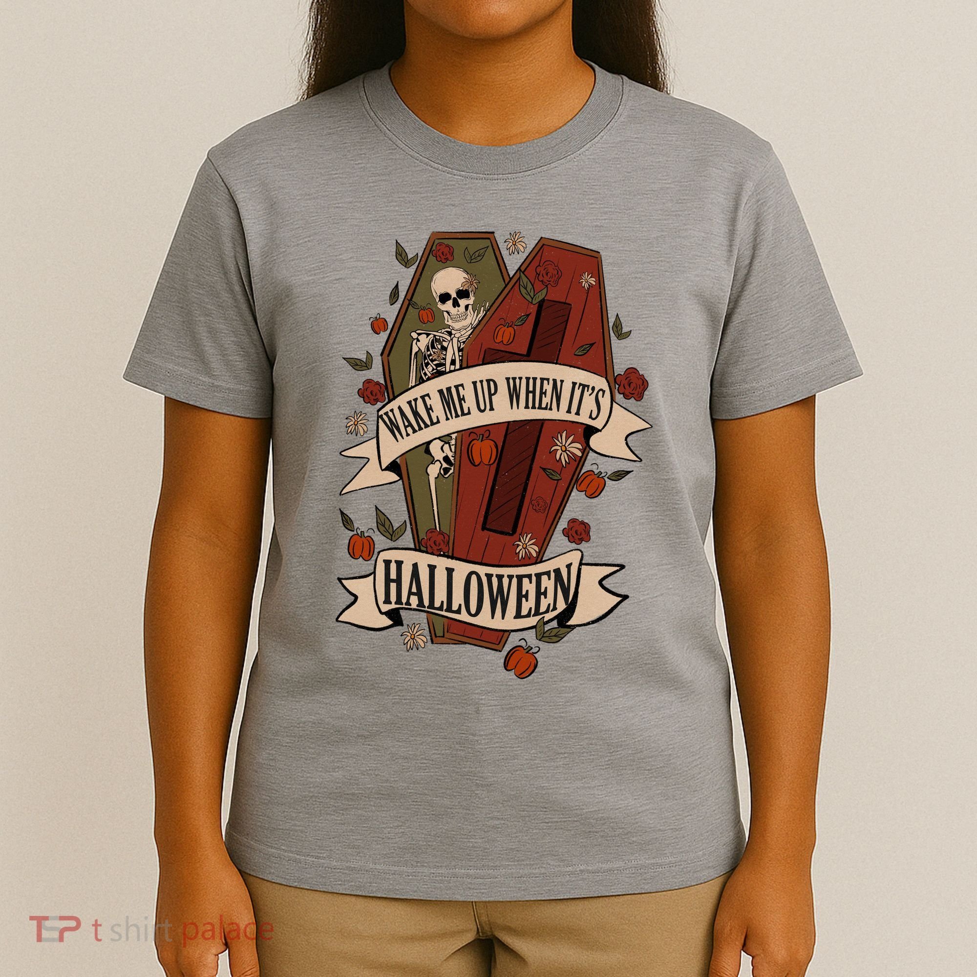 Wake Me Up When Its Halloween Funny Skeleton Coffin T-Shirt