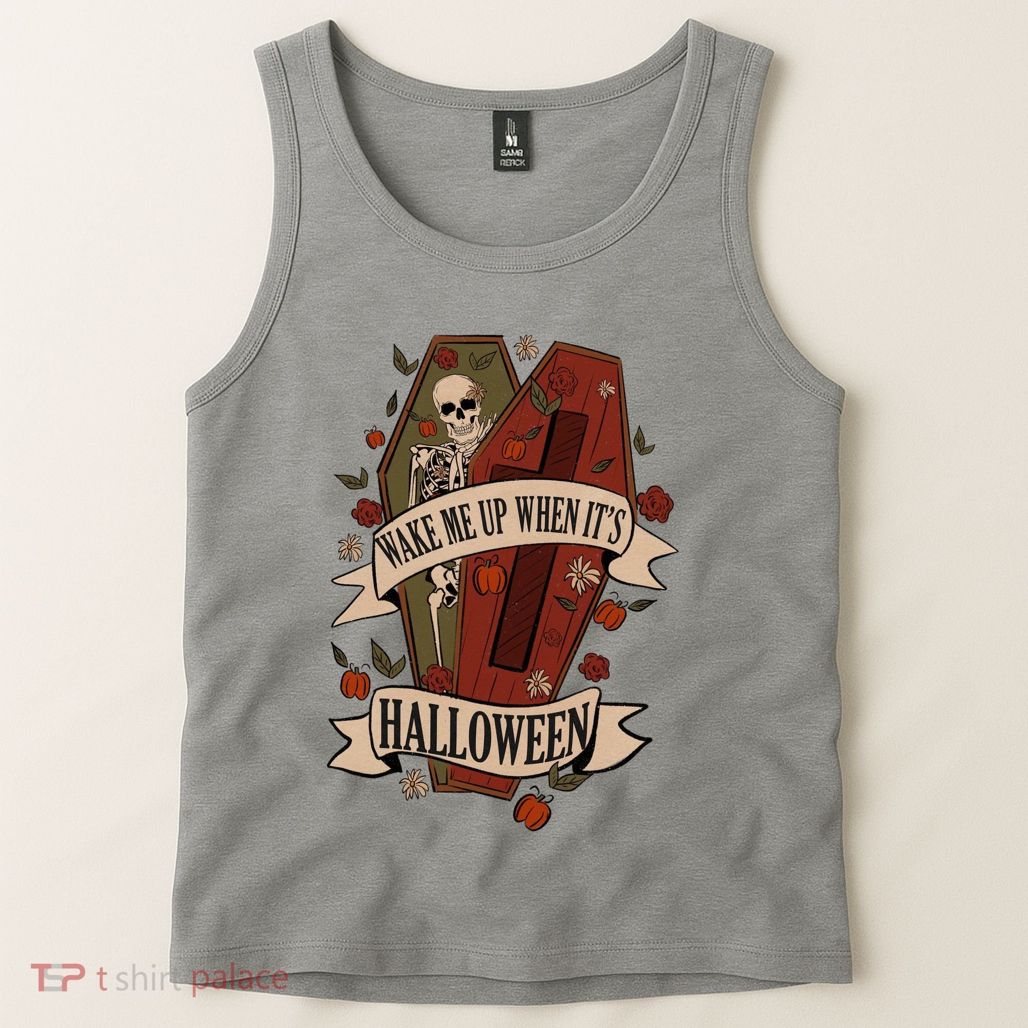 Wake Me Up When Its Halloween Funny Skeleton Coffin Tank Top