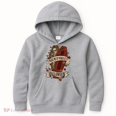 Wake Me Up When Its Halloween Funny Skeleton Coffin Kids Hoodie