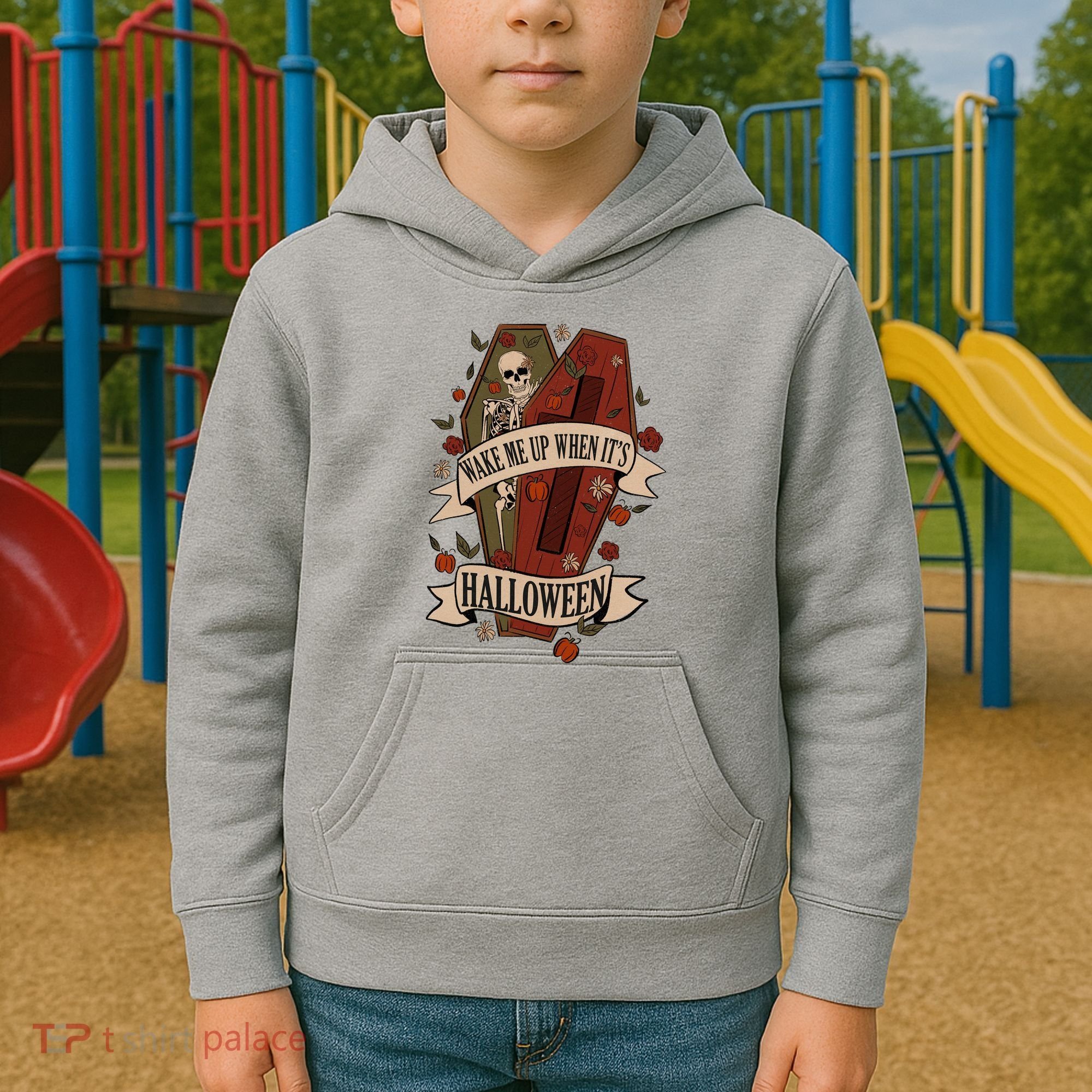 Wake Me Up When Its Halloween Funny Skeleton Coffin Kids Hoodie
