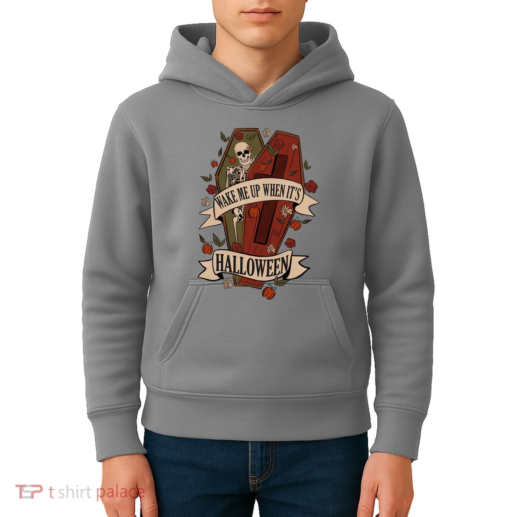 Wake Me Up When Its Halloween Funny Skeleton Coffin Kids Hoodie