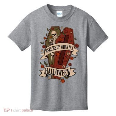Wake Me Up When Its Halloween Funny Skeleton Coffin Kids T-Shirt