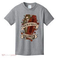 Wake Me Up When Its Halloween Funny Skeleton Coffin Kids T-Shirt thumb 0