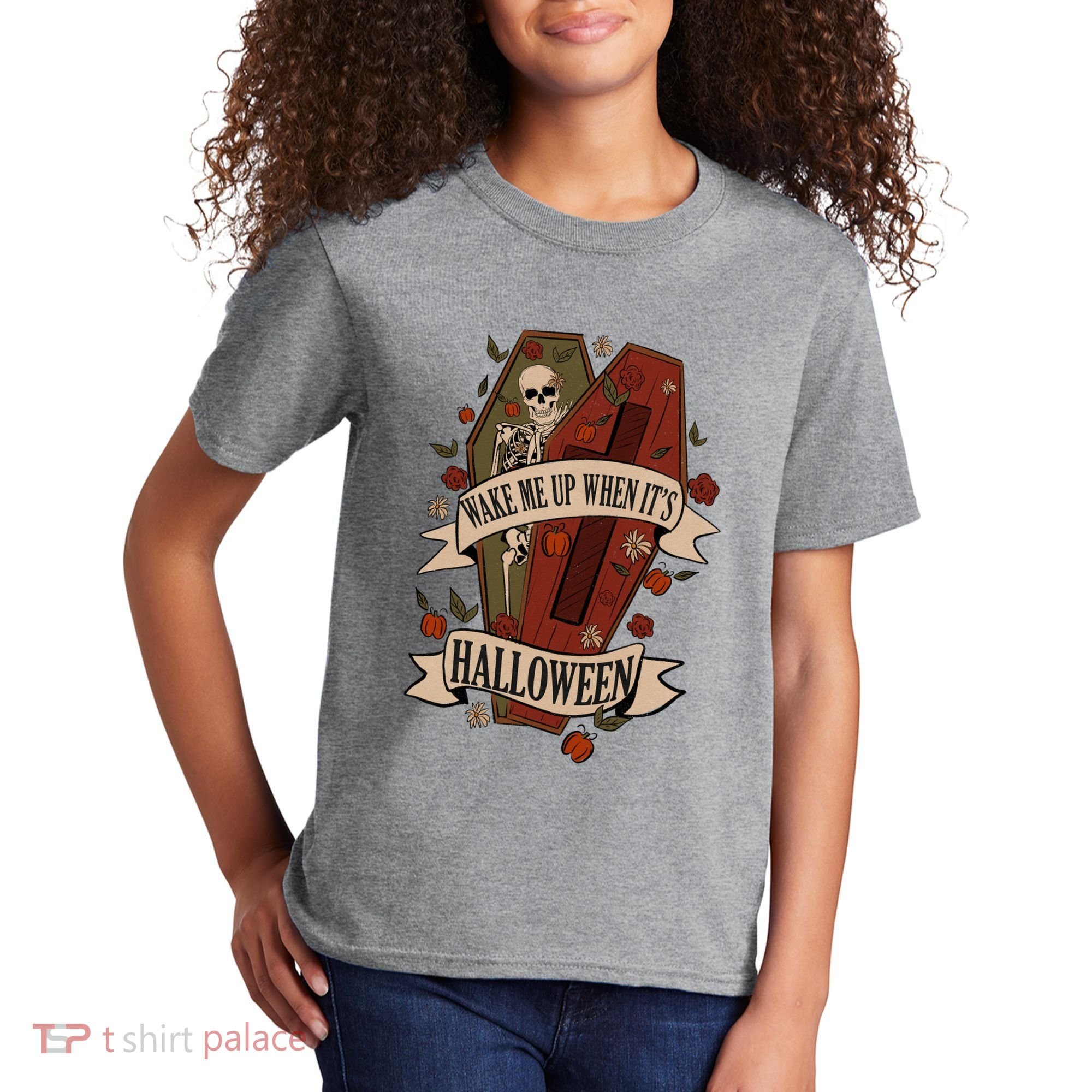 Wake Me Up When Its Halloween Funny Skeleton Coffin Kids T-Shirt