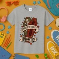 Wake Me Up When Its Halloween Funny Skeleton Coffin Kids T-Shirt thumb 3